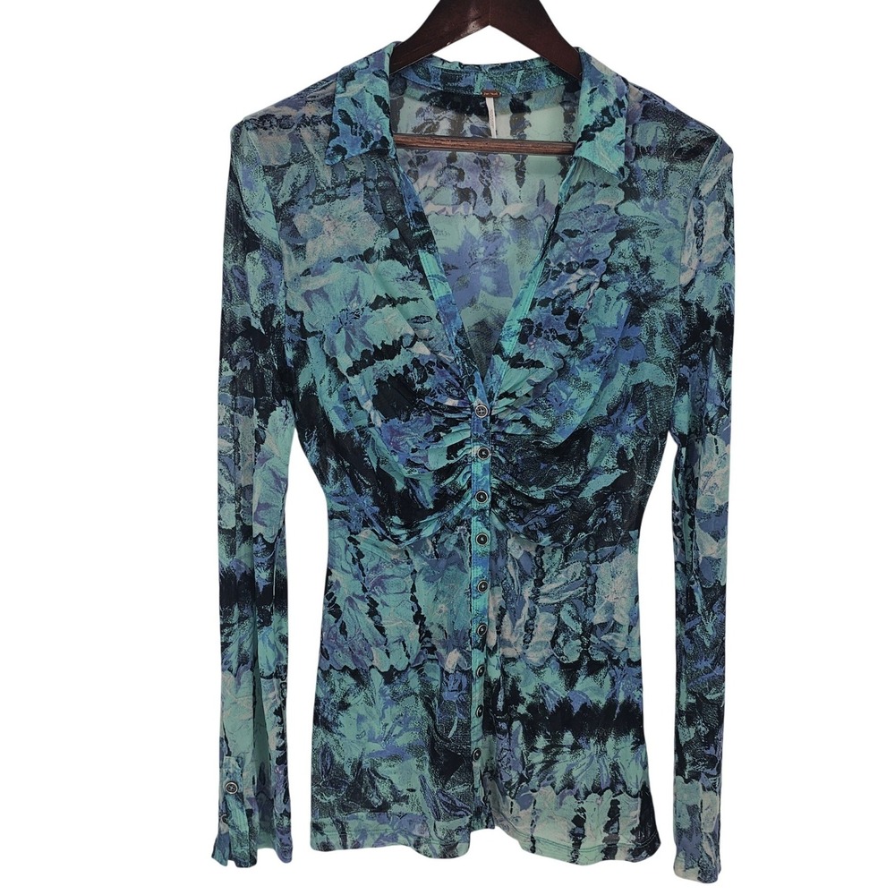 Free People Teal Blue Abstract Floral Ruched Mesh Button Down Top OB1385185 L